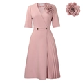 Elegant pink V-neck short sleeve dress with gold buttons and pleated detail - Light Pink