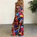 Detailed view of colorful abstract print jumpsuits with wide legs and side pockets - Red Graffiti