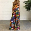 Detail of colorful abstract digital print on wide leg pants and sleeveless top set - Yellow Graffiti
