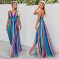 Rainbow striped layered mesh maxi dress with deep V-neck and backless design for summer - Rainbow 4
