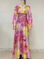 Floral print V-neck maxi dress with long sleeves in purple and orange botanical pattern - S / Pink