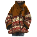 Manteau à capuche pour femmes avec empiècement caramel, imprimé ethnique et boutons - Marron