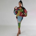 Fashionable color block patchwork maxi dress with lantern sleeve cardigan set for women - XL / Camouflage