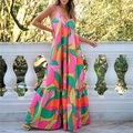 French style floral deep V-neck backless sundress with colorful abstract print - S / Dresses / Rainbow