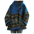 Manteau bleu roi à capuche avec boutons brandebourg et imprimés ethniques style poncho - S / Hauts / Cyan