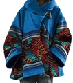 Manteau bleu à capuche avec imprimé ethnique et boutons brandebourg en coupe large - Rouge & Bleu