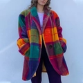 Oversized multi-color plaid wool coat with notched lapels and vintage button-down front - S / Tops / Colorful