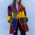 Colorful plaid plush coat for women featuring a long lapel design and multi-color patchwork - S / Tops / Yellow