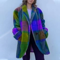 Oversized long plaid coat in purple and green patchwork with lapel collar for women - S / Tops / Blue