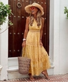 Detail of yellow V-neck chiffon dress with lace embroidery and gold polka dots - S / Dresses / Yellow