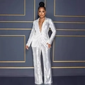 Elegant two-piece white sequin suit featuring deep V-neck blazer and wide-leg trousers - Silver
