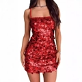 Sparkly red sequin bodycon party dress with thin straps and a slim silhouette - S / Dresses / Red