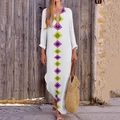 White boho maxi dress with V-neck and geometric diamond print in a loose casual style - S / Loose Print B