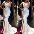 Detail of white lace evening gown featuring deep V-neck and delicate feather shoulder straps - S / White