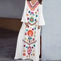 White boho maxi dress with V-neck, ethnic embroidery, and flared sleeves in summer style - S / Loose Print E