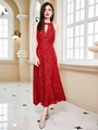 Elegante abito da sera rosso con paillettes, scollo all'americana e gonna lunga - S / Rosso