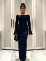 Detailed view of the midnight blue satin evening gown featuring elegant flared cuffs - Navy Blue