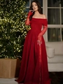 Elegante abito da sera rosso con spalle scoperte e maniche in pizzo e velluto - S / Rosso
