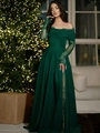 Elegante abito da sera verde scuro con spalle scoperte, pizzo e spacco laterale alto - S / Verde