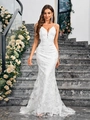Elegant white lace mermaid evening gown with spaghetti straps and deep V-neckline - S / White