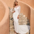 Elegant white long sleeve lace mermaid evening dress with V-neckline and sweeping train - S / White Lace Fishtail Style