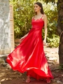 Detail of red satin evening gown with delicate straps and flowing A-line silhouette - S / Red