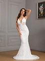 Elegante witte kanten zeemeermin avondjurk met diepe V-hals en een verfijnde sleep - S / Wit