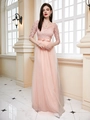 Elegante lichtroze kanten jurk met V-hals, tule rok en een satijnen strik in de taille - S / Roze