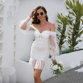 Detail of off-shoulder mesh dress with pearl accents and puff sleeves in white - S / Top And Bottom / White