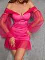 Elegant rose red bodycon dress with puff mesh sleeves and pearl beads decoration - S / Top And Bottom / Rose Red