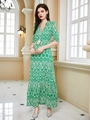 Detail of green geometric print summer dress with tassel V-neck and ruffle sleeves - S / Green