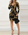 Women's V-neck long sleeve mini dress in black with gold baroque chain print pattern - S / Dresses / Black