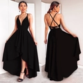 Elegante vestido negro con escote en V y falda asimétrica con espalda abierta cruzada - S / Top Y Pantalón / Negro