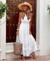 Detail of white sleeveless chiffon dress with lace V-neck and polka dot texture - S / Dresses / White