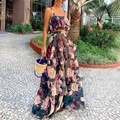 Floral print two-piece chiffon set with cropped camisole top and layered maxi skirt - S / Top And Bottom / As Shown
