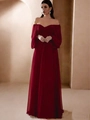 Elegant off-shoulder burgundy evening gown with lantern sleeves and a flowing floor-length hem - Burgundy