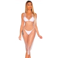 Front full-body view of white mesh rhinestone cover-up dress with bikini set - S / White Rhinestone