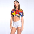 Detail of crop top with pop art print, front knot design and side lace-up denim shorts - S / Marilyn Monroe Multicolor