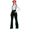 Detail of high waist dark green flared overall pants with silver ring zipper and straps - S / Army Green
