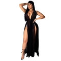 Détail du cache-maillot noir en mesh avec fentes hautes et fermeture à la taille - Noir