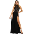 Sexy black halter evening dress with lace bodice and side high slits for formal events - Black