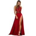 Elegantes rotes Halfter-Spitzenkleid mit rückenfreiem Design und hohem Beinschlitz - L / Rot