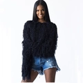 Zwarte damestrui met lange mouwen en franjes met denim shorts in een modieuze set - S / Zwart