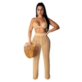 Close-up of beige crochet knit texture on halter bikini top and wide leg pants set - Camel Yellow