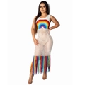 Robe de plage blanche au crochet avec détails arc-en-ciel et franges colorées - S / Blanc