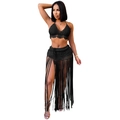 Close-up of black crochet two-piece set featuring halter top and long fringe skirt - S / Black