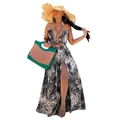 Neckholder-Kleid mit Tropenprint, Taillenausschnitt und hohem Schlitz für Urlaub - S / Blau (G0271)