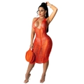 Orangefarbenes Neckholder-Strickkleid mit Hohlsaum und figurbetonter Netzoptik - S / Orangerot