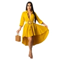 Vestido camisero amarillo asimétrico de manga corta con cinturón trenzado para verano - S / Amarillo