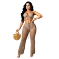 Women's two-piece crochet knit set with fringe halter top and hollow-out flared pants - Camel